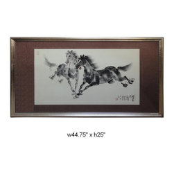 Chinese Zhang Bao Hua Finger & Palm Painting Double Running Horses Decor - Artwork