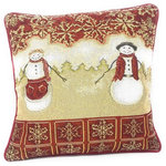 Tache Home Fashion - Mr. and Mrs. Snowman Couple Vintage Woven Tapestry Cushion Throw Pillow Cover, 1 - Size: 16 x 16". Liven up your living and dining space with these bright and festive linens to fill your home with the holiday spirit. This cushion cover features a snowman and woman in the center of a snowy field with faded pine trees in the far background, all enveloped with red and beige snowflakes around the border. The back of the cover is a solid red to compliment the front.