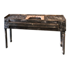 Mogulinterior - Consigned Antique Tribal Carved Stone Extra Long Wood Console Table - Console Tables