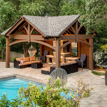 Poolside Timber Frame Pavilion w/Fireplace & Chandelier