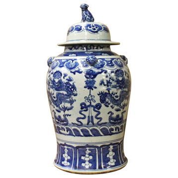 Chinese Blue/White Double Dragon Theme Porcelain Large General Jar
