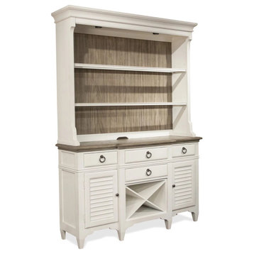 Transitional Buffet Cabinet With Hutch, Louvered Doors & Led Lights, Off White