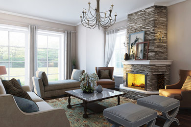 Réalisation d'un salon tradition avec un mur beige, un sol en bois brun, une cheminée standard et un manteau de cheminée en pierre.