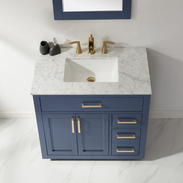 Ivy 36" Single Bathroom Vanity Set in Royal Blue and Carrara White Marble Counte