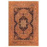 Bareens Designer Rugs - Antique Lavastone Low-Pile Alejandr Rust/Blue Wool Rug - 7'10'' x 9'9'' - An exhilarating oriental rug with distinctive motifs and wide-ranging pallet of warm colors, this antique vintage distressed low pile hand knotted masterpiece is a breath-taking addition to any decor. Featuring a soft low pile, showcasing the intricate design with an awe-inspiring color palette this masterpiece is known for its versatility, all vegetable dyes, and high knot count. Known for its artistic individuality, masterful construction, and enduring appeal this one-of-a-kind rug is an excellent addition to any d�cor.