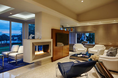Trendy formal and open concept marble floor living room photo in Miami with beige walls, a two-sided fireplace, a metal fireplace and a wall-mounted tv
