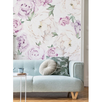 Peony Flower Mural Wall Art Peel and Stick Vinyl Wallpaper, Lilac, 24"x108"