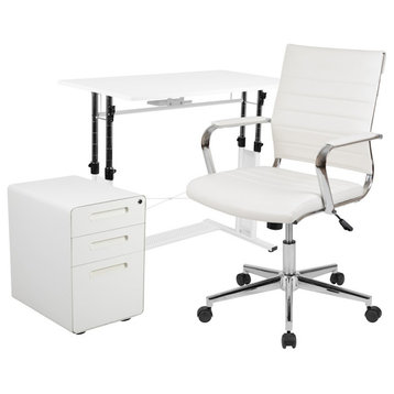 Flash White Adjustable Computer Desk, LeatherSoft Office Chair & Filing Cabinet