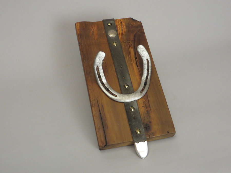 #R15044 Coat Rack Reclaimed Poplar, horseshoes, leather.