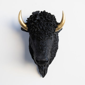 Faux Taxidermy Bison Head Wall Mount, Black and Gold