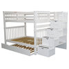 Bedz King Pine Wood Full over Full Stairway Bunk Bed with Full Trundle in White