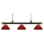 Z-LITE - Z-LITE 200-3BRZ+SG-PRD 3 Light Billiard Light - Z-LITE 200-3BRZ+SG-PRD 3 Light Billiard Light, Bronze + Satin GoldFinished in brushed nickel this three light bar fixture uses plastic red shades to create a contemporary look with a timeless quality to it. This fixture would be perfect for the game room, or any other room of the house where a touch of under stated sophistication is needed.Collection: RivieraFrame Finish: Bronze + Satin GoldFrame Material: SteelShade Finish/Color: RedShade Material: PlasticDimension(in): 57(L) x 14(W) x 16(H)Chain Length(in): 72"Cord/Wire Length(in): 110"Bulb: (3)60W Medium base,Dimmable(Not Included)UL Classification/Application: CUL/cETLu/Dry
