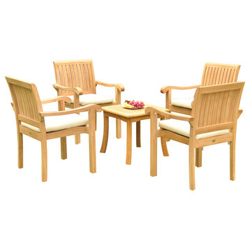 5-Piece Outdoor Patio Teak Dining Set, 18" Side Table, 4 Nain Stacking Chairs