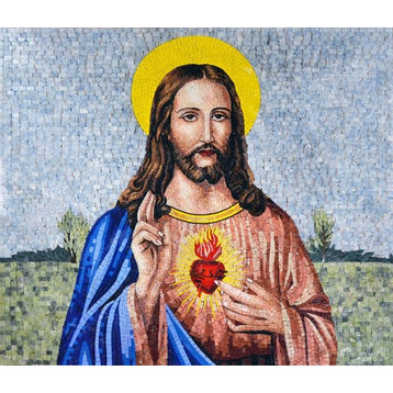 Jesus Christ Sacred Heart Marble Mosaic Art, 63"x71"