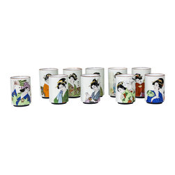 Japanese Teacups with Geisha Design - Set of 10 - Teacups