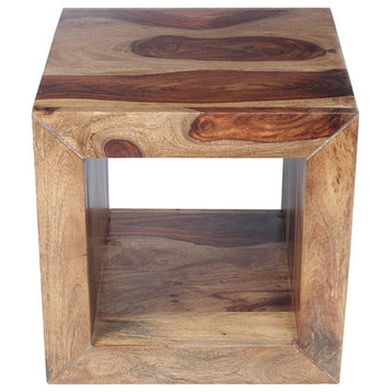 Benzara UPT-30350 Cube Shape Rosewood Side Table With Cutout Bottom, Brown