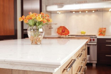 Example of a mid-sized transitional enclosed kitchen design in Milwaukee with an undermount sink, beaded inset cabinets, medium tone wood cabinets, quartz countertops, stainless steel appliances and an island