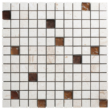 Shell Stone Limestone and Brown Glass Mix 1"x1" on 12"x12" Mesh Mosaic-10 boxes