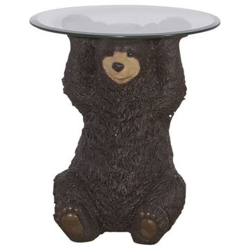 Linon Barney Bear Resin Accent Table Glass Top with Beveled Edge in Dark Brown