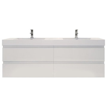 72" Double Sink Wall Mount Vanity, Reinforced Acrylic Sink, High Gloss White