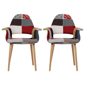 Patchwork Fabric With Arms Dining Chair Wooden Wood Leg Modern Set of 2 Multi
