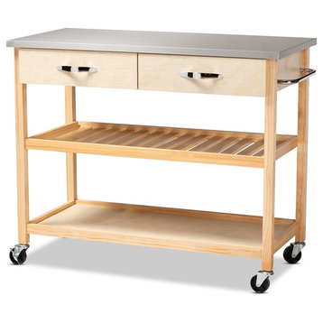 Modern Pine Wood and Stainless Steel 2-Drawer Kitchen & Utility Storage Cart