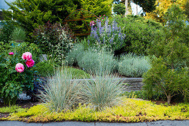 Photo of a large modern front yard full sun xeriscape for summer in Portland with a retaining wall and concrete pavers.