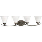 Progress Lighting - Progress Lighting Bath Bracket 4-100W Medium, Antique Bronze - Four-light bath fixture featuring soft angles, curving lines and etched glass shades that mount up or down. Gracefully exotic, the Trinity Collection offers classic sophistication for transitional interiors. Sculptural forms of metal and glass are enhanced by a classic finish. This transitional style can transform a room or your whole home with its charming versatility.
