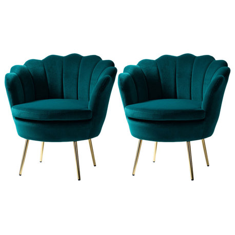 Velvet Accent Barrel Chair With Scalloped Seashell Edges Set of 2, Teal