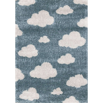 Kids Collection Blue Cream Clouds Area Rug, 5'3"x7'7"