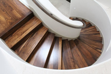 Inspiration for a mid-sized contemporary wooden curved wood railing staircase remodel in San Diego with wooden risers
