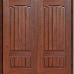 Prehung Entry Double Door 80 Fiberglass Rustic 2 Panel V-Grooved - Front Doors