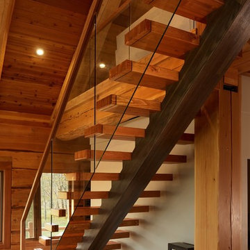 Oak and Fir Mono-Stringer with Pass Through Glass Panel Railing