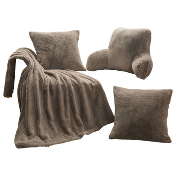 Light Faux Fur Throw, Pillow, and Do It Yourself Bedrest Set, Pure Cashmere