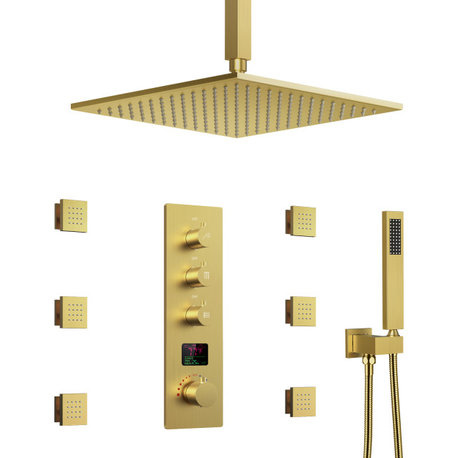 LED Digital Display Thermostatic Shower System with Body Jets,Hand Shower, Brushed Gold, 12"