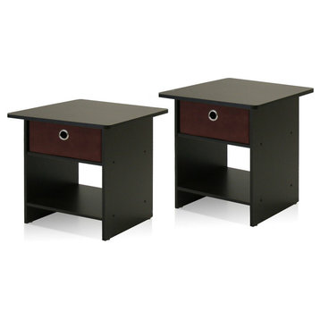 End Table Storage Shelf With Bin Drawer, Set of 2, Espresso/Brown