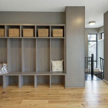 Antique Elm Flooring in a Modern Mudroom