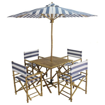 Bamboo Patio Set w/4 Blue White Stripes Director Chairs +1 Square Table Umbrella