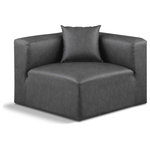 Meridian Furniture - Cube Upholstered Modular Component, Grey, Vegan Leather, Corner Chair - Elevate your space with the luxurious Cube Vegan Leather Corner Chair. This corner chair exudes modern elegance, charm, and comfort making it a perfect addition to any contemporary living space. Its clean lines and cube shape are reminiscent of minimalist design, while the plush charcoal grey vegan leather upholstery adds a touch of luxury and sophistication. The chair's versatile construction and geometric aesthetic seamlessly integrate into various design styles, from sleek living rooms to chic home offices, embodying the essence of modern design and creating a sense of order and tranquility in your space.