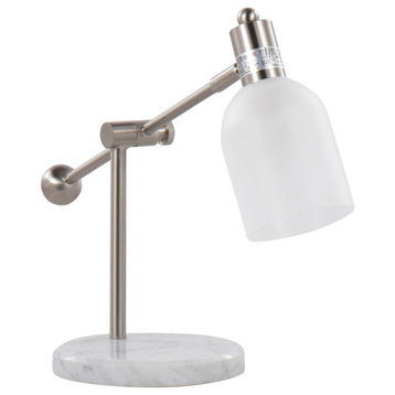 Marcel Contemporary Table Lamp, White Marble, Nickel Metal/Frosted Glass