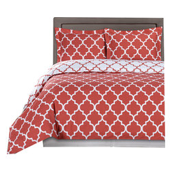 Royal Tradition - Meridian 100% Cotton Duvet Cover Set, Coral and White, Full/Queen - Duvet Covers And Duvet Sets