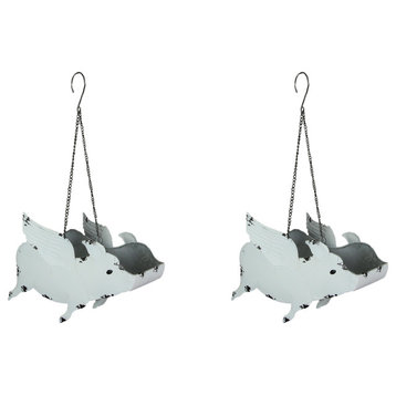 Set of 2 White Painted Metal Flying Pig Hanging Planter Decor Succulent Flower
