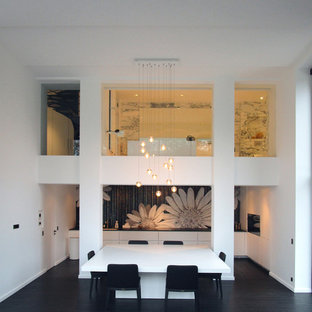 ルアーブルの広いモダンスタイルのLDKの画像 (白い壁、濃色無垢フローリング)