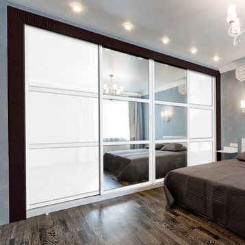 Modern Bypass Sliding Doors with White Glass & Mirror Glass Panels Inserts, 106"x96" Inches