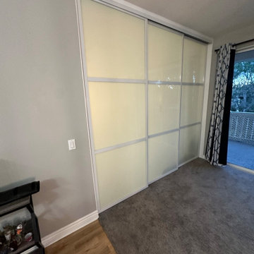 Top Hung Room Dividers White Frame White Laminated Glass 3 panel / 3 track.
