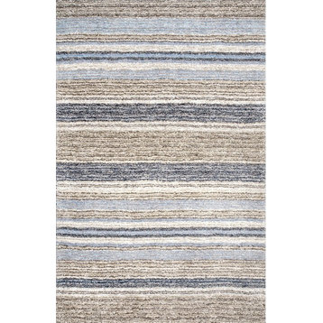 Nuloom Hand-Tufted Striped Shaggy Plush Shag Rug, Denim 9'x12'