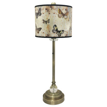 28" Crystal Buffet Lamp With Butterfly Graphic Shade, Antique Brass, Single
