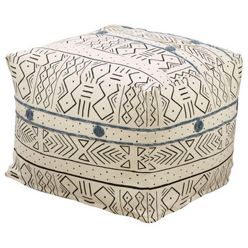 Floor Pouf With Light Mudcloth Design, White