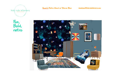 Design ideas for a mid-sized midcentury kids' room for kids 4-10 years old in Edinburgh with blue walls.
