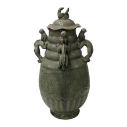 Chinese Ancient style Green Gray Ceremonial Jar with Relief Dragon Motif - Decorative Jars And Urns